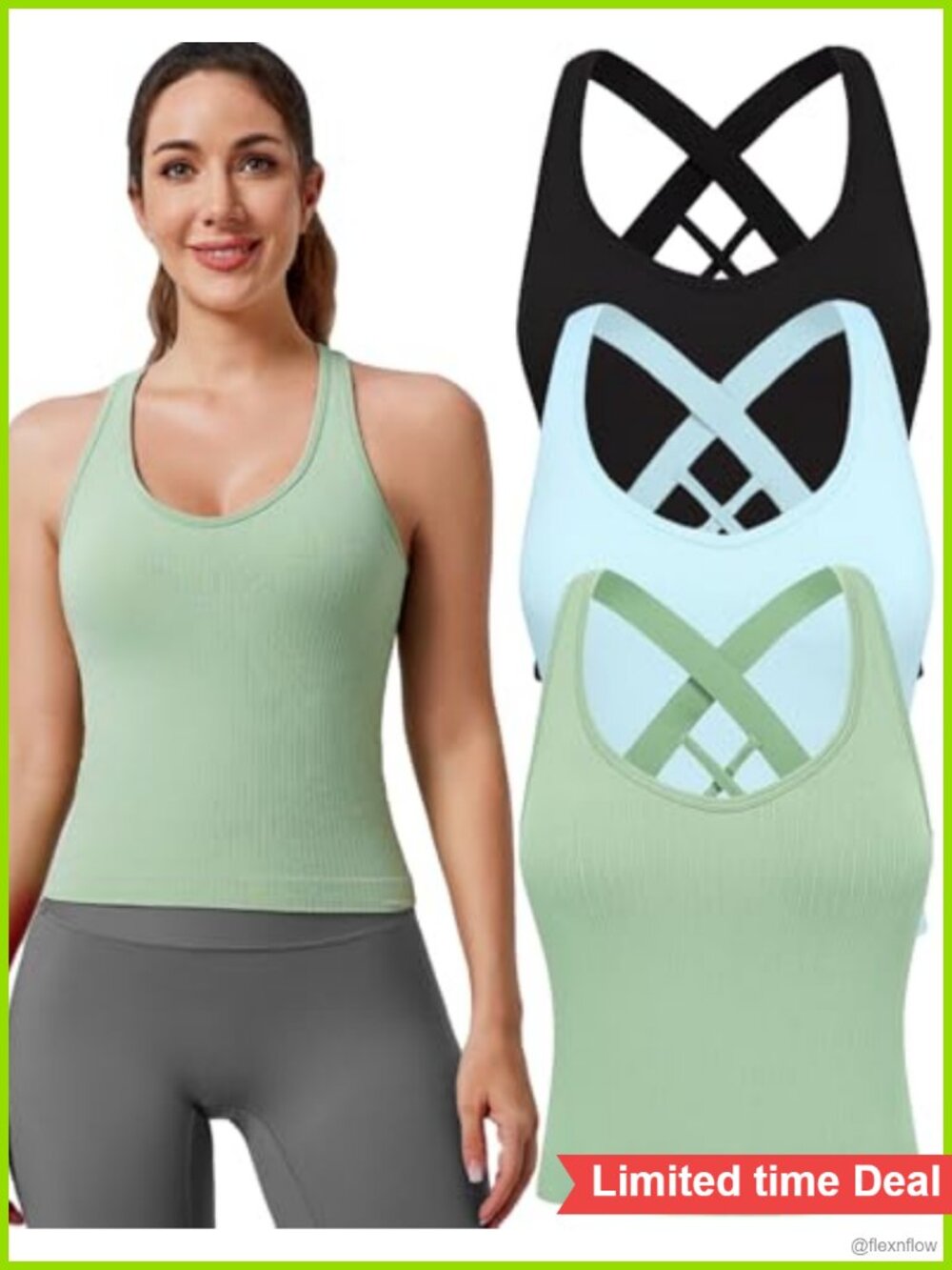 Women's Seamless Yoga Crop Tank Top with Built in Bra and Strappy Back